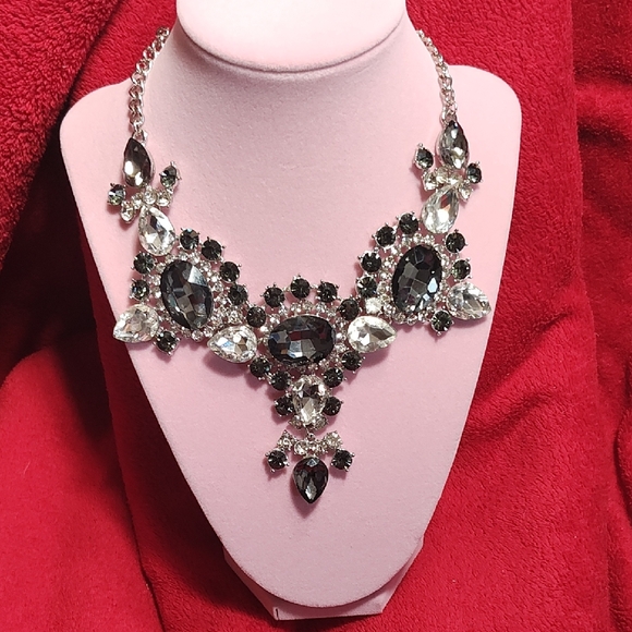 Jewelry - Black and Silver Victorian-Inspired Necklace with Crystal Embellishments